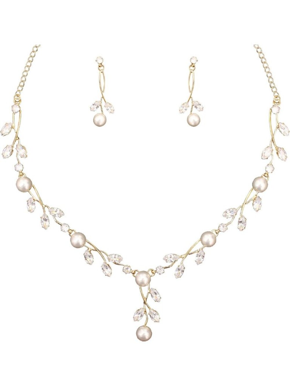 Elegant Floral Pearl Necklace & Dangle Earrings Set, Cubic Zirconia Bridal
